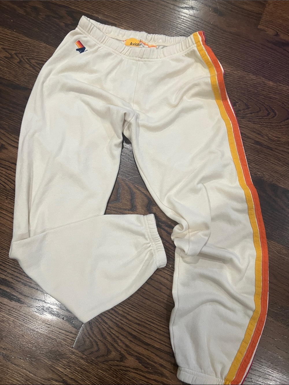 Aviator Nation Cream Sweatpants with Orange & Yellow Side Stripes
